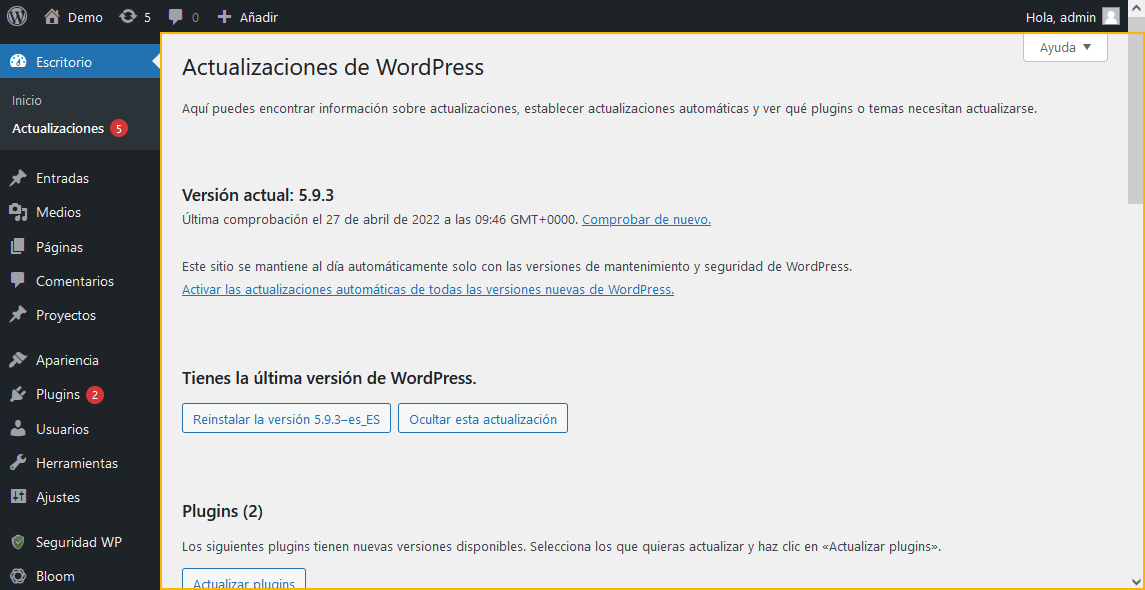 Actualizaciones de componentes de WordPress